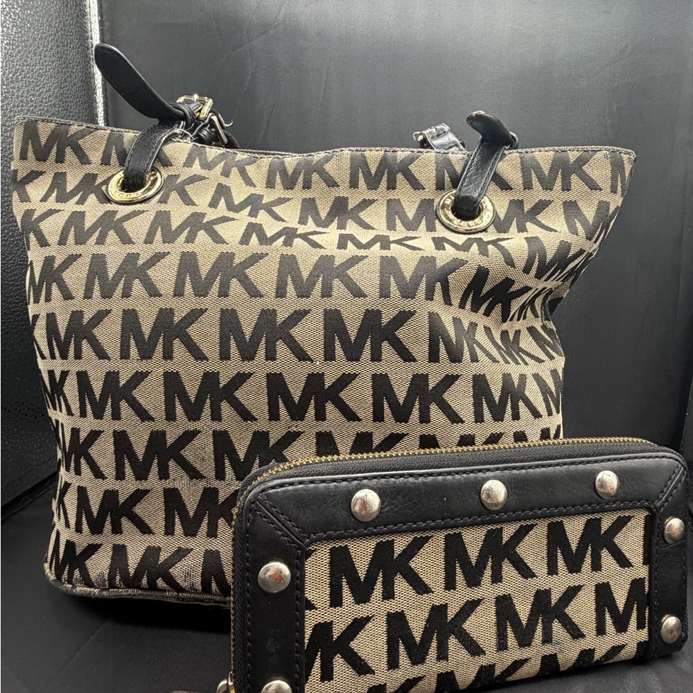 Michael Kors Black and Tan Logo Tote and Wallet